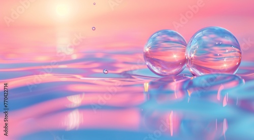 This image features two transparent spheres with swirling patterns, delicately placed on a reflective surface with a pink and blue gradient background