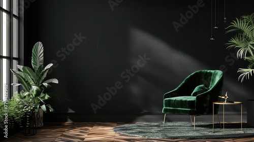 Black room interior with green velour armchair, wood floor, carpet and decor , Living Room with a Green Armchair on an Empty Dark  black Background photo