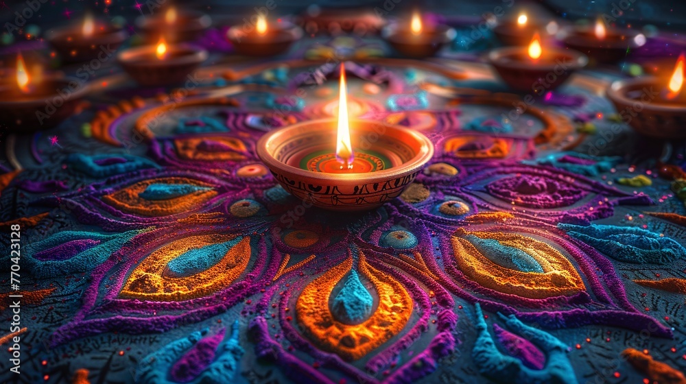 Fototapeta premium Decorative diya lamps placed on a rangoli during diwali festive celebration in india