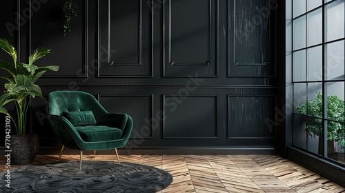 Black room interior with green velour armchair, wood floor, carpet and decor , Living Room with a Green Armchair on an Empty Dark black Background