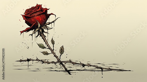 digital illustration of a rose with spikes is beautiful, in the style of deathcore, medieval-inspired, poignant, crimson, caricature-like illustrations, nihilcore, flickr  photo