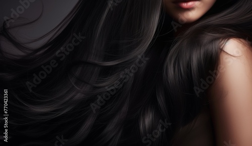 a woman with luscious, glossy, wavy black hair, radiating health and vitality with every sleek strand.