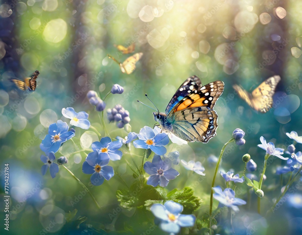 Kwiat niezapominajek i motyle. Wiosenne tło - obrazy, fototapety, plakaty 