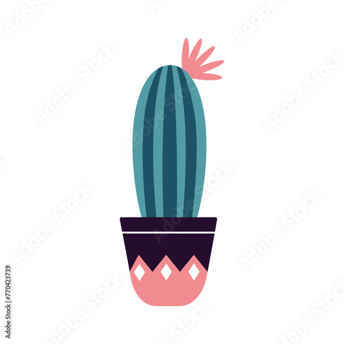 Colorful blooming cacti, succulent in pot. Cute hand drawn sketch of cactus. Doodle style, flat design. Scandinavian, boho style. Vector illustration. Exotic and Tropical Plant, home decor