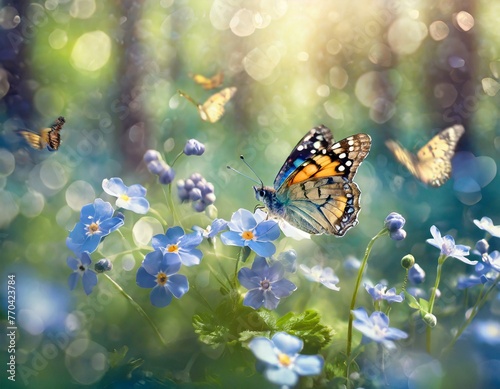 Kwiat niezapominajek i motyle. Wiosenne tło © Monika