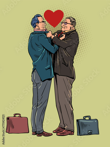 Passionate love of competitors' office workers. Love will overcome all barriers. Men in suits hold each other's jackets and look into each other's eyes. Pop Art Retro