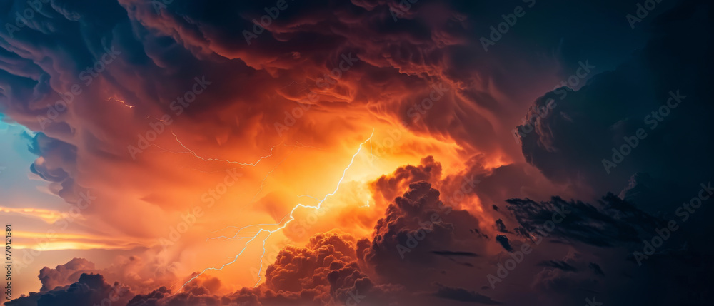 Mesmerizing display of a lightning storm amidst dark clouds, illuminated by an orange glow. A stunning spectacle of nature's power and beauty.
