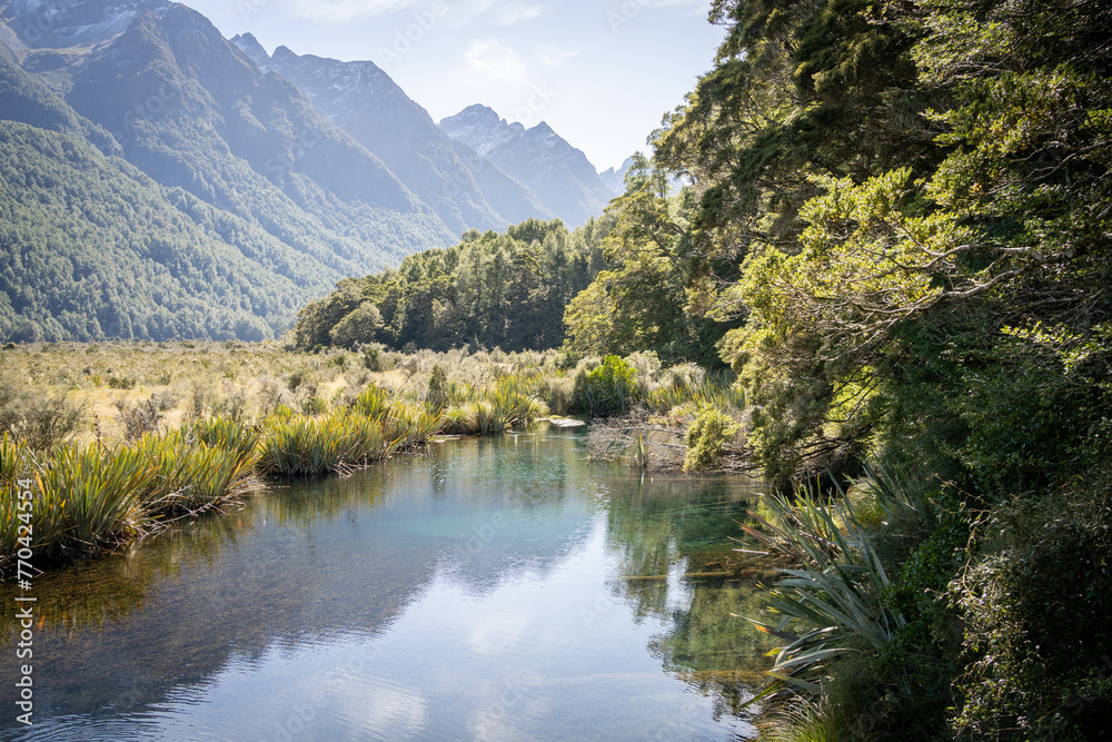 Beautiful crystal clear lake in exotic forest with mountains in backdrop, Fiordland, New Zealand