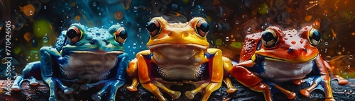 A symphony of frogs, each rendered in dazzling colors and dynamic poses, showcasing the elegance of Japanese watercolor, a quintet that brightens any space , high resolution DSLR, 8K, high detailed, s photo