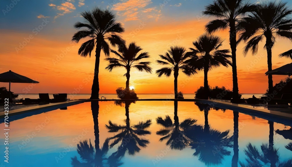 Colorful sunset with palm trees in silhouette and reflections in a resort pool