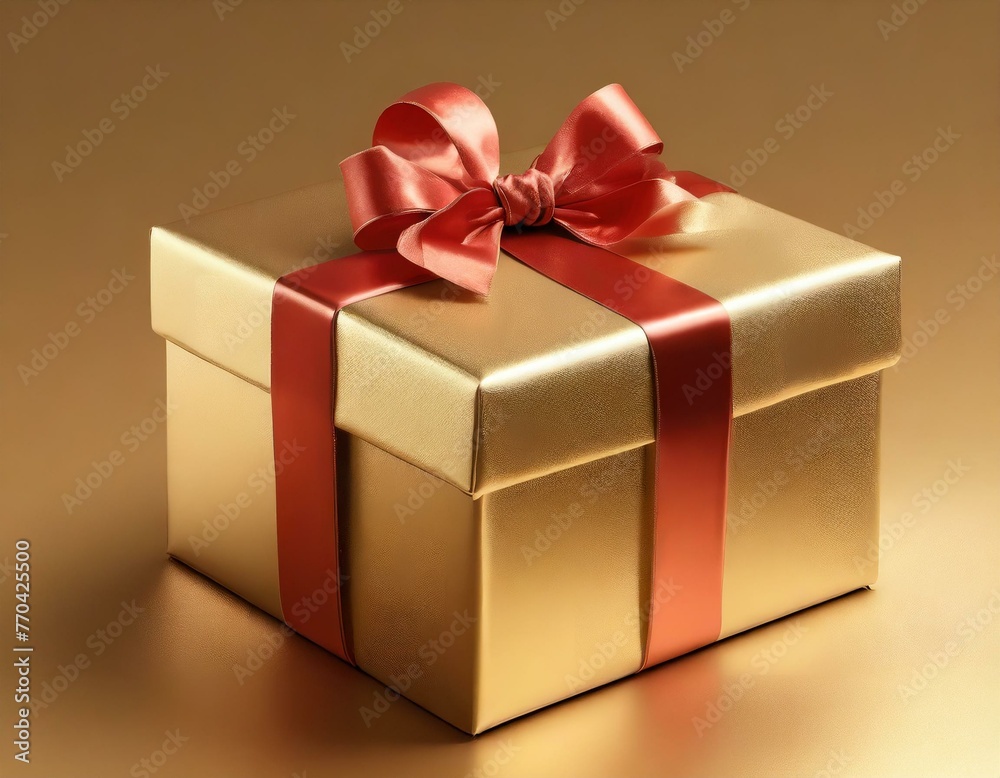 Gold gift box wrapped with a red ribbon and matching bow Gold gift box wrapped with a red ribbon and matching bow