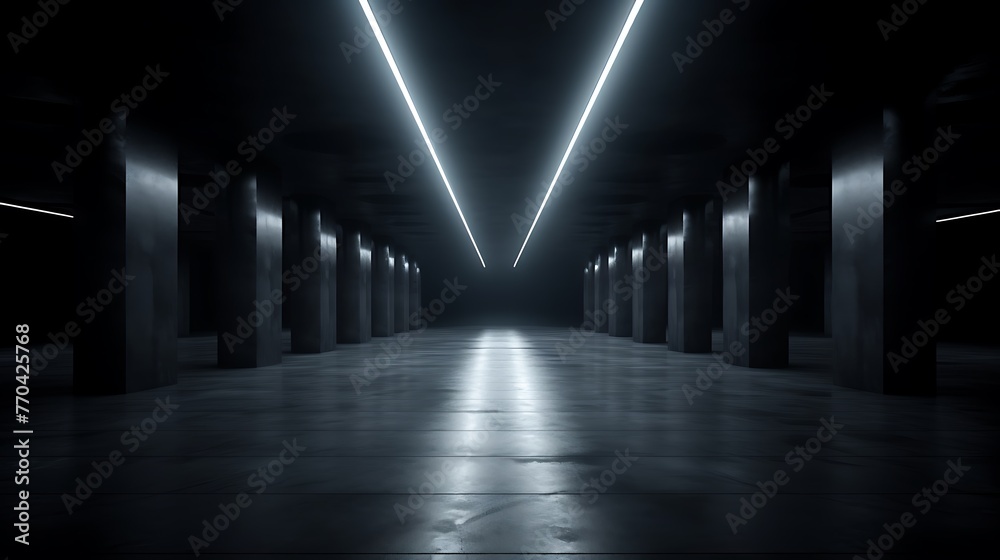 Sci Fi Modern Dark Concrete Cement Asphalt Futuristic Spaceship Elegant Underground Garage Tunnel Corridor Empty Space White Glow Glossy Columns 3D Rendering