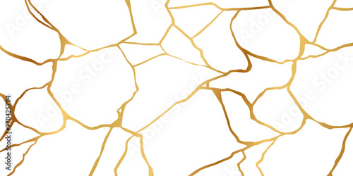Gold kintsugi crack repair marble texture vector illustration isolated on white background. Broken foil marble pattern with golden dry cracks. Wedding card, cover or pattern Japanese motif background.