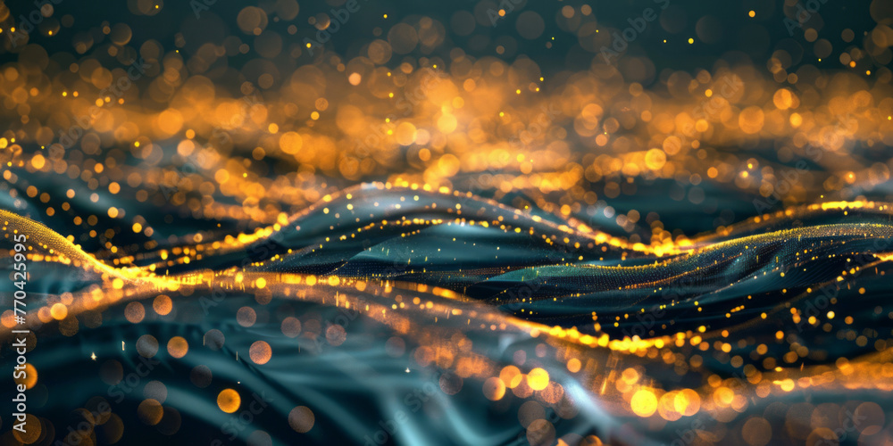 Ring topography of light fiber in the night sky creates an abstract scene with a bokeh panorama, flowing lines, and dotted elements in teal and gold. Ring topography of light fiber in the night sky creates an abstract scene with a bokeh panorama, flowing lines, and dotted elements in teal and gold.