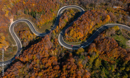 aerial view of inegol domanic road with beautiful autumn colors of nature, Kutahya, Turkey