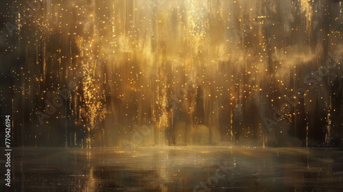 Gold lights shine down on a black background, creating a spiritual landscape in dark beige and silver with soft mist.