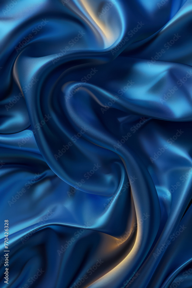 Obraz premium Blue silk texture adorns a desktop wallpaper, creating a bokeh panorama with luminous 3d objects in light navy and dark gold.