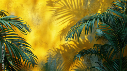 A tropical scene unfolds with palm branches against a yellow wall  casting bold shadows and creating a panorama with luminous objects.