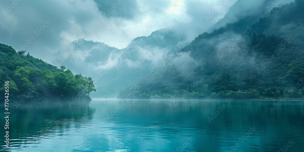 Mountains, trees, and clouds are mirrored on a lake's surface, embodying rural in a misty gothic scene in light turquoise and dark amber.