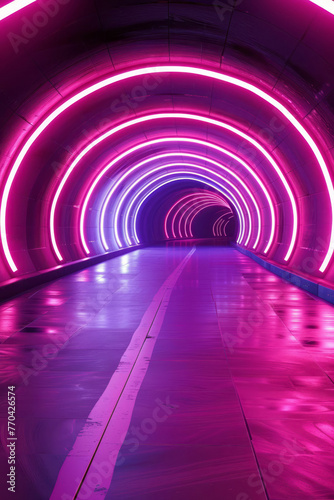A tunnel bathed in purple light creates a retro futuristic look with linear compositions.