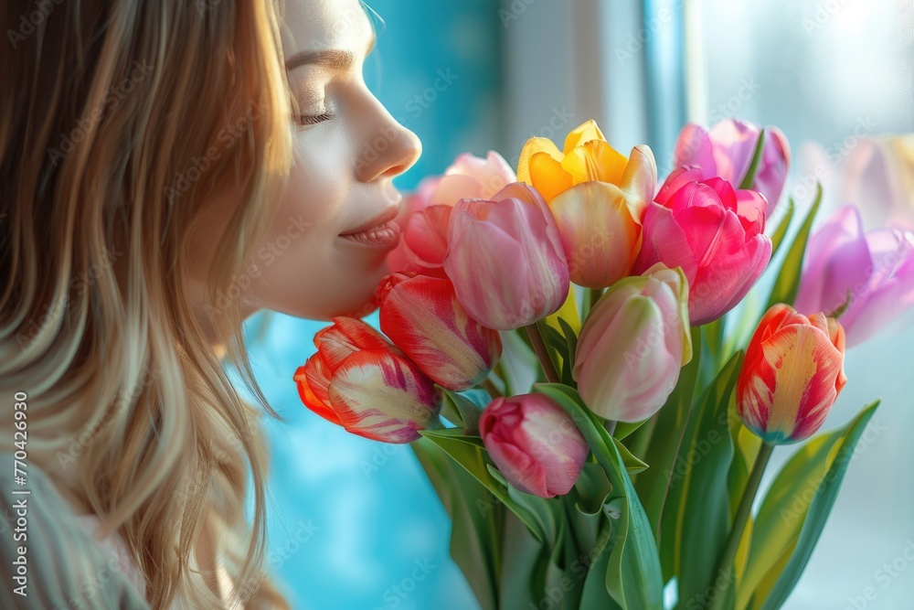 A close-up of attractive lady and vibrant bouquet of fresh tulips displayed indoors, symbolizing spring and renewal. Generated AI A close-up of attractive lady and vibrant bouquet of fresh tulips displayed indoors, symbolizing spring and renewal. Generated AI