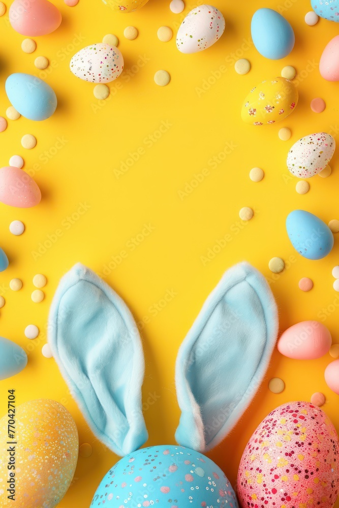 Easter Day Greeting. Top view vertical photo of colorful easter eggs and easter bunny ears on isolated yellow background, Easter celebration concept and copy space, ready for your greeting text - obrazy, fototapety, plakaty 