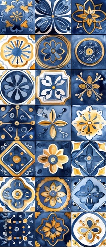 Japanesestyle watercolor illustrations of Mediterranean tiles, capturing traditional designs in blue and yellow, ready for print or fabric , high resolution DSLR, 8K, high detailed, super detailed , u