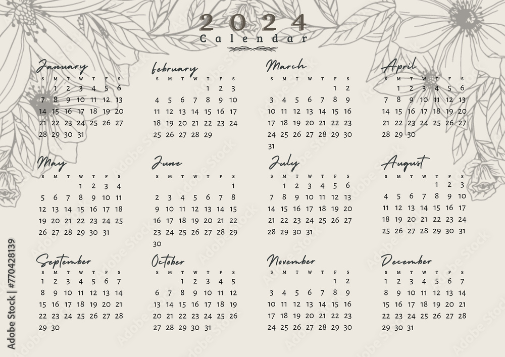 Simple vintage design 2024 calendar with flower background. A4 size set of 12 months calendar, week starts sunday