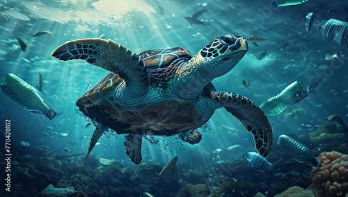 plastic pollution with turtle swimming underwater between discarded plastic bottles © ryanbagoez
