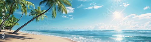 A sunny beach with palm trees  clear blue water  and a blue sky with white clouds.