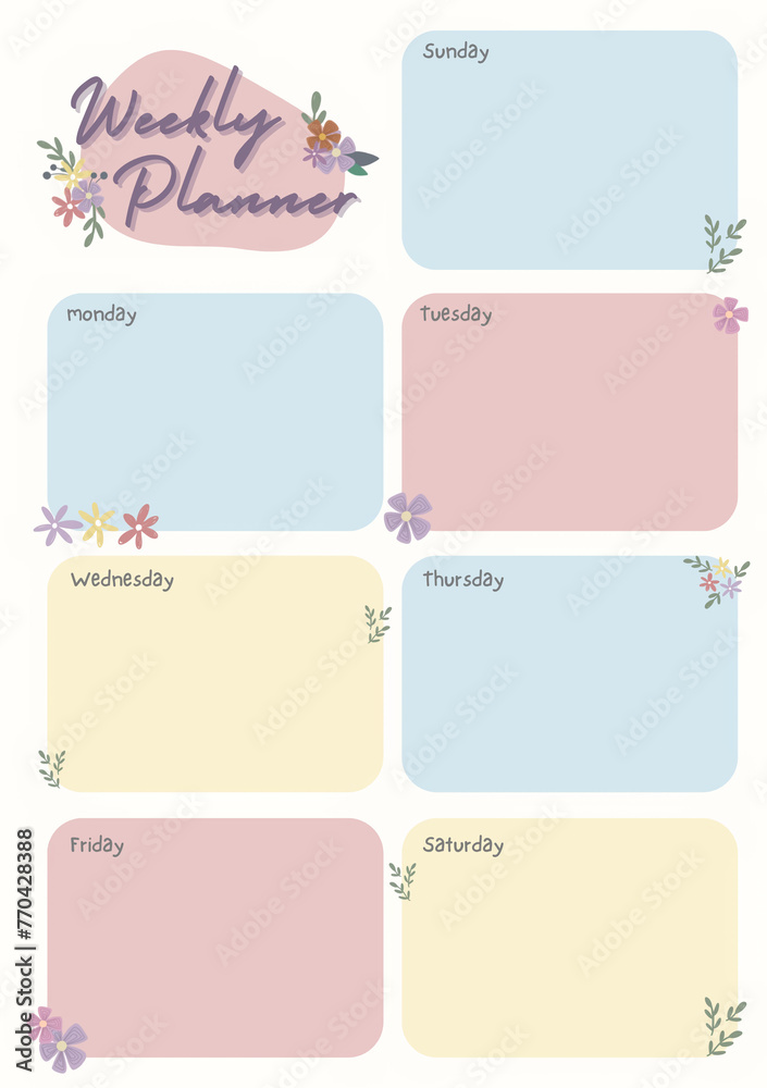 Printable Weekly Planner Template with Pastel Theme for School, Office Schedule or Journaling