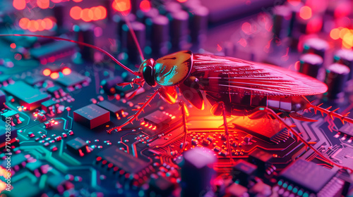 Close up of a cockroach on a computer motherboard. photo