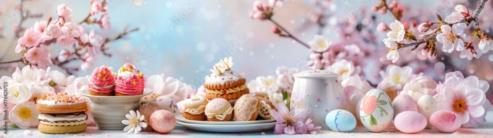 Assorted sweets - cakes, macaroons, candies - create a festive dessert display.