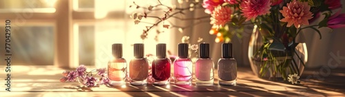 A row of six nail polish bottles in different colors are placed on a table. Each bottle has a unique shade of pink, orange, or purple. In the background, there is a window and a vase filled with pink 