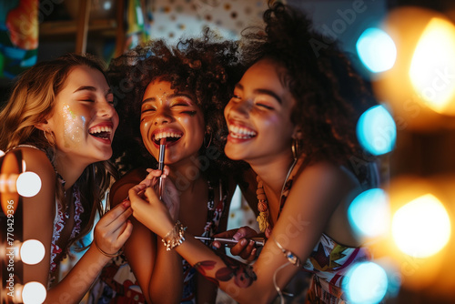 Three cheerful young multi-ethnic women dressed to go out apply makeup while laughing happily. Portrait of a group of happy, smiling, young models applying glitter on their cheeks