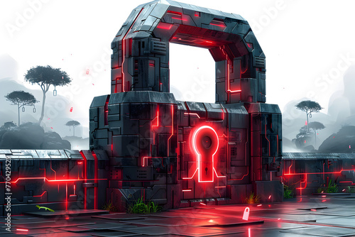 A 3D animated cartoon render of a giant lock with digital elements floating around. photo