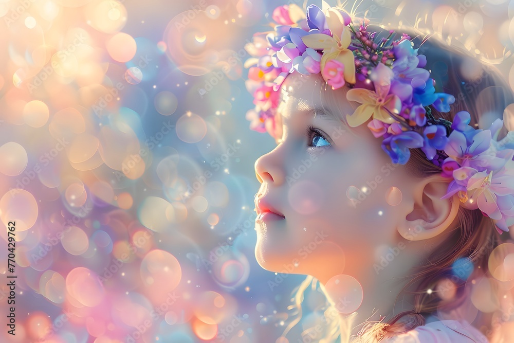 portrait of a beautiful child made from colorful spring butterflies in the style of digital art, on a bokeh background