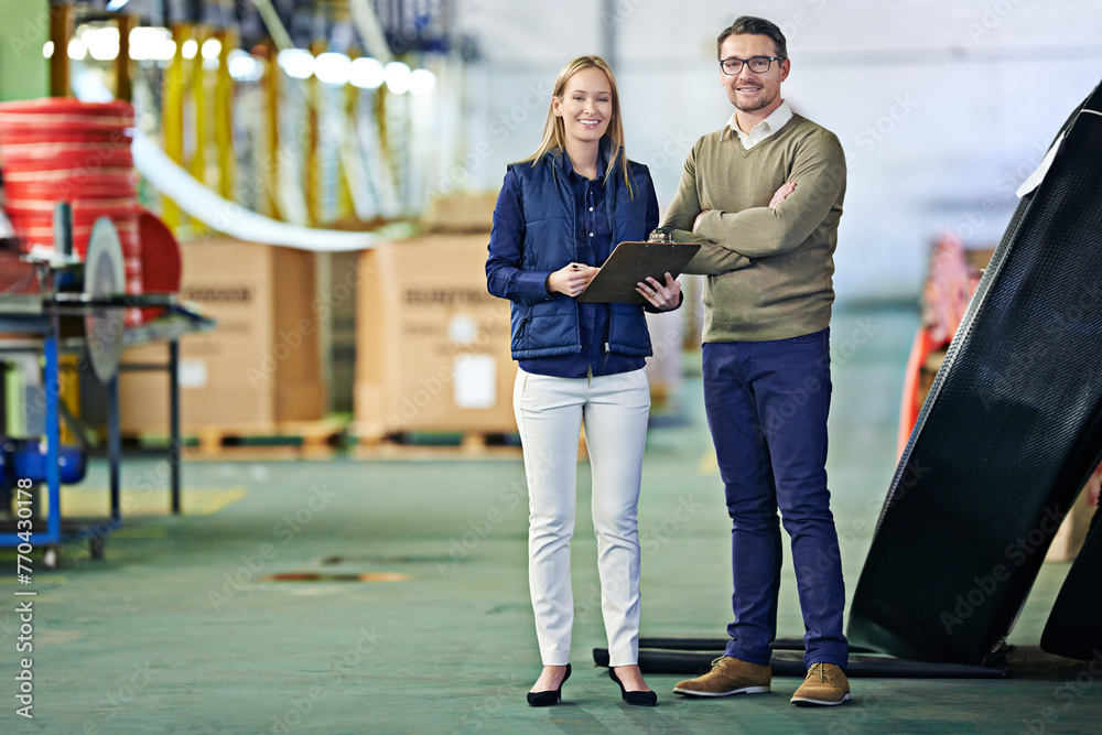 Warehouse, portrait and people with clipboard for shipment, inventory and boxes for shipping. Colleagues, team and collaboration on import or export, factory and paperwork for logistics on delivery