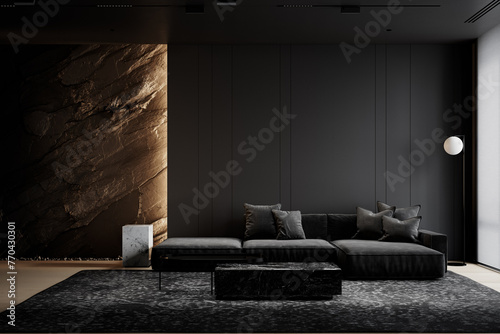 Contemporary black interior with rock wall, wall panels, black sofa, wood floor and decor. 3d render illustration mockup.