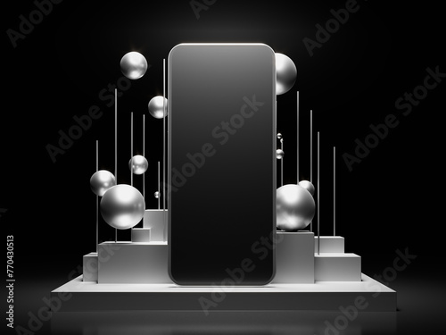 Phone screen on silver presentation podium with levitation spheres and geometry composition. 3d render illustration mockup.