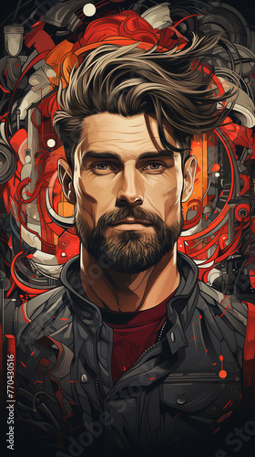 An illustration of bearded man portrait with creative background.
