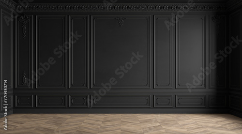 Classic modern black empty interior with blank walls with moldings, stucco and wood floor. 3d render illustration mockup.