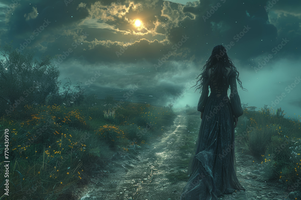 Obraz premium Mystical Hecate, the goddess of witchcraft and magic, stands at the crossroads, guiding travelers through the realms of the supernatural. Generative Ai.