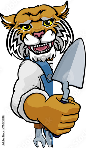 A wildcat bricklayer builder construction worker mascot cartoon character holding a trowel tool and peeking around a sign