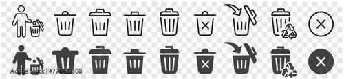 Delete icon set. delete button trash remove cancel undo throw remove editable stroke line icon collection. Vector illustration.