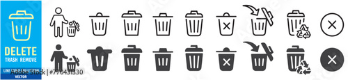Delete icon set. delete button trash remove cancel undo throw remove editable stroke line icon collection. Vector illustration.