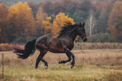 An action-packed image capturing the beauty and power of a black horse galloping freely across a field in autumn
