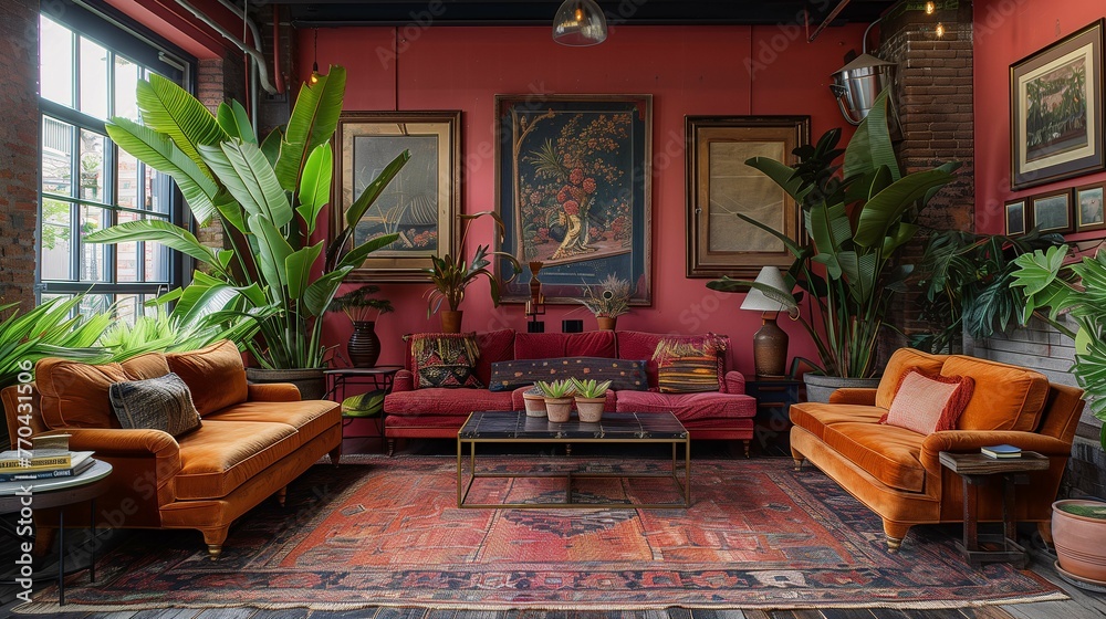 Stylish Vintage Living Room with Exotic Plants