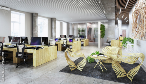 Open and transparent office architecture with meeting area in modern, wood design - depht of field 3D visualization