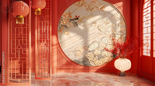 Traditional light red lantern relief mural poster background